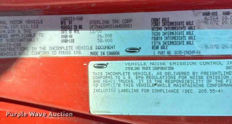 image for item ED4037 2001 Sterling L9500 dump truck