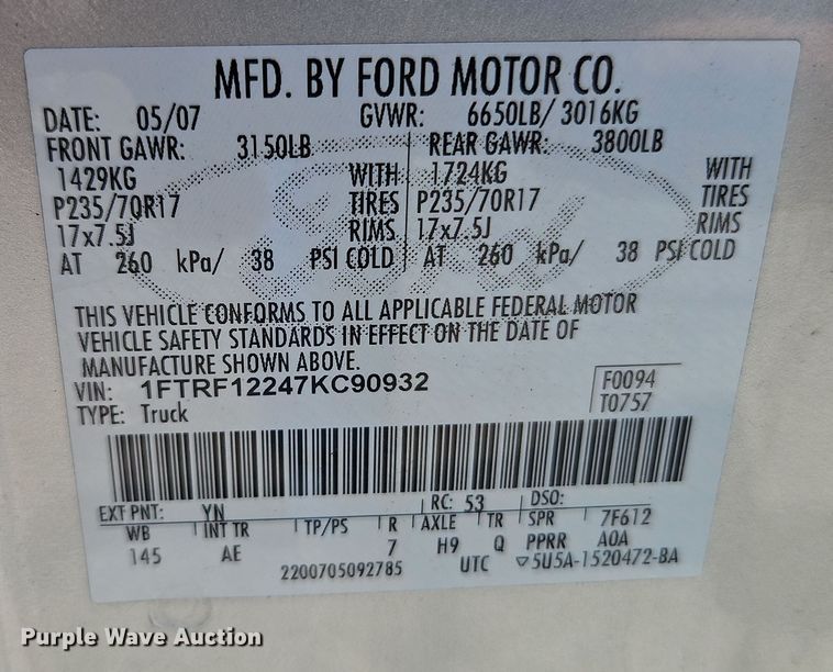 image for item EI8877 2007 Ford F150 XL pickup truck