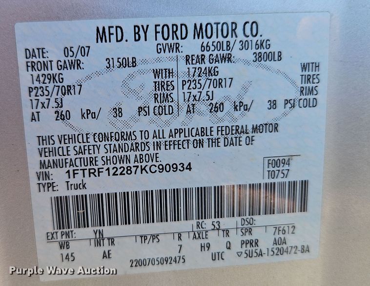 image for item EI8880 2007 Ford F150 XL pickup truck