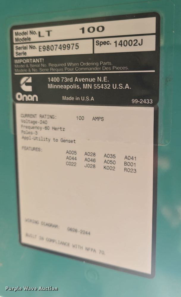 image for item EK5058 Onan LT 100 generator