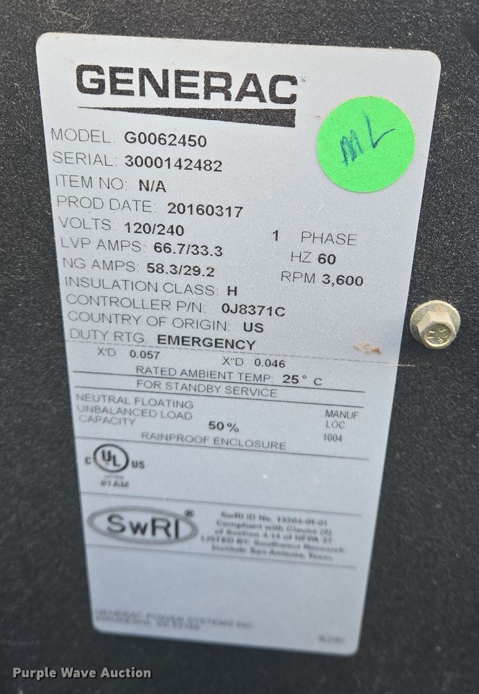 image for item EN8712 Generac G0062450 generator