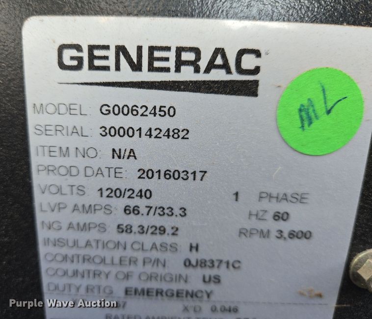 image for item EN8712 Generac G0062450 generator