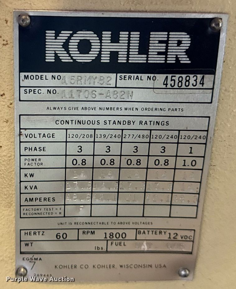 image for item NN9674 Kohler R Series generator