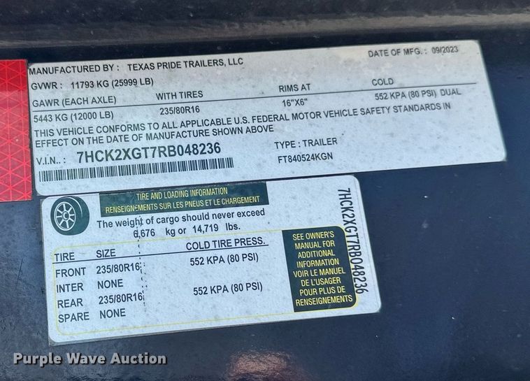 image for item DF8474 2024 Texas Pride FT840524KGN equipment trailer