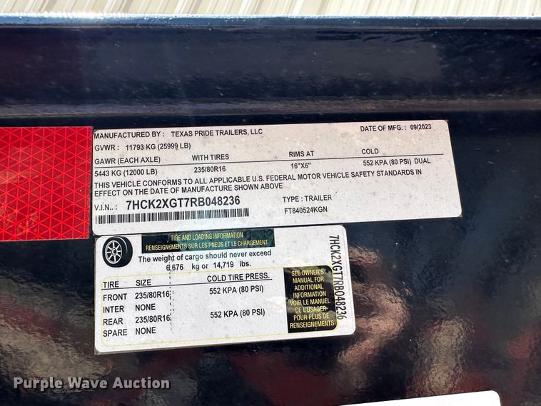 image for item DF8474 2024 Texas Pride FT840524KGN equipment trailer