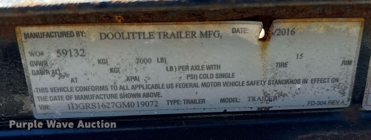 image for item DH9882 2016 Doolittle utility trailer