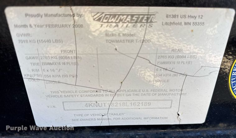 image for item DH9888 2008 Towmaster equipment trailer