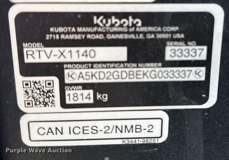 image for item DM5658 2019 Kubota RTV-X1149 utility vehicle