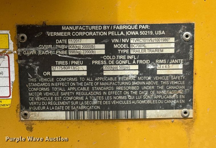 image for item DO0712 2017 Vermeer BC700XL wood chipper