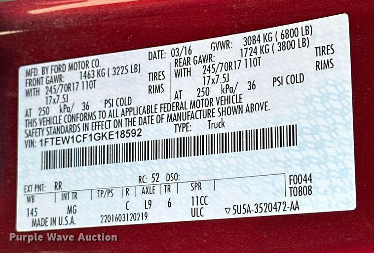 image for item DT6531 2016 Ford F150 SuperCrew pickup truck