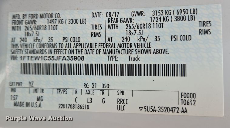 image for item DV1283 2018 Ford F150 XLT SuperCrew pickup truck