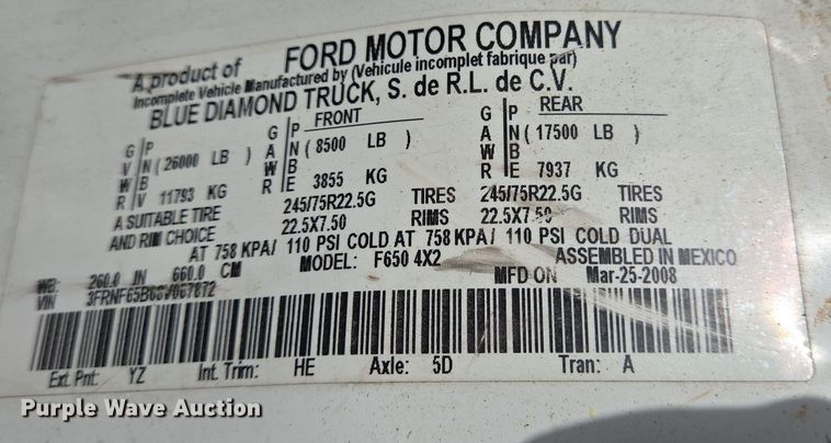 image for item DV1364 2008 Ford F650 Super Duty truck cab and chassis