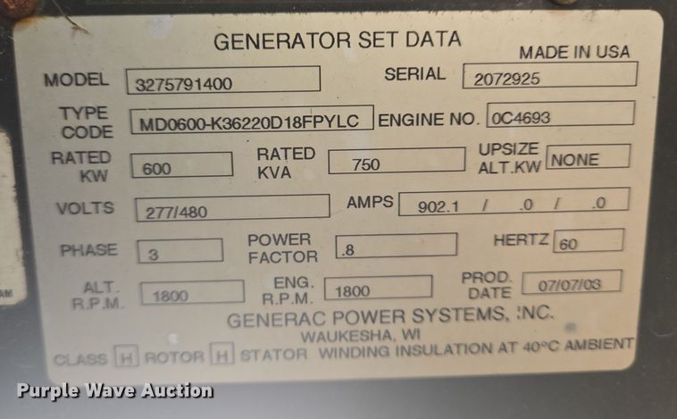 image for item DV1368 2003 Generac generator