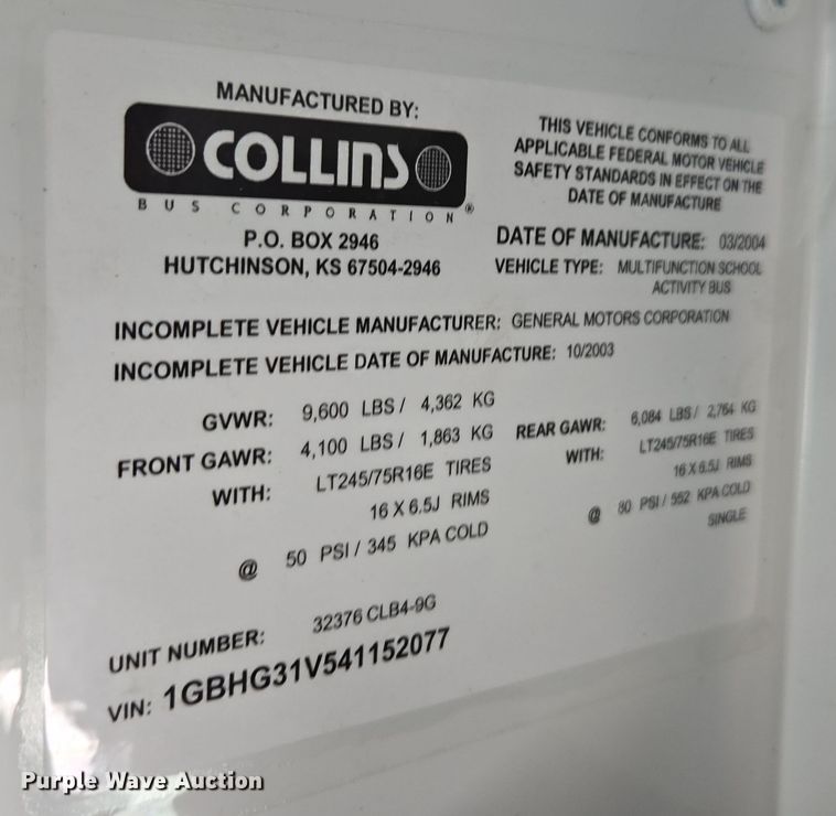 image for item DW1891 2004 Chevrolet 1500 school bus