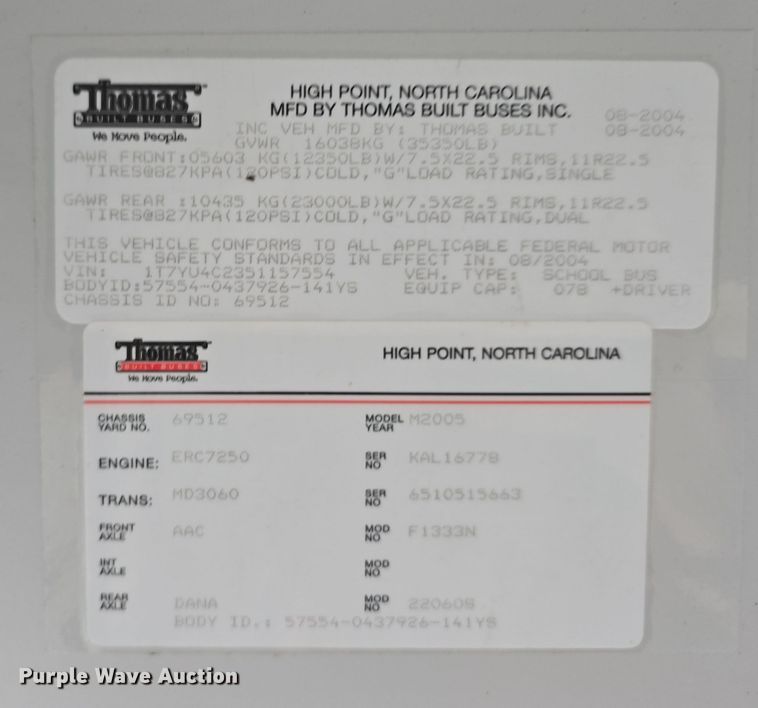 image for item DW3229 2005 Thomas Built Buses Saf-T-Liner school bus