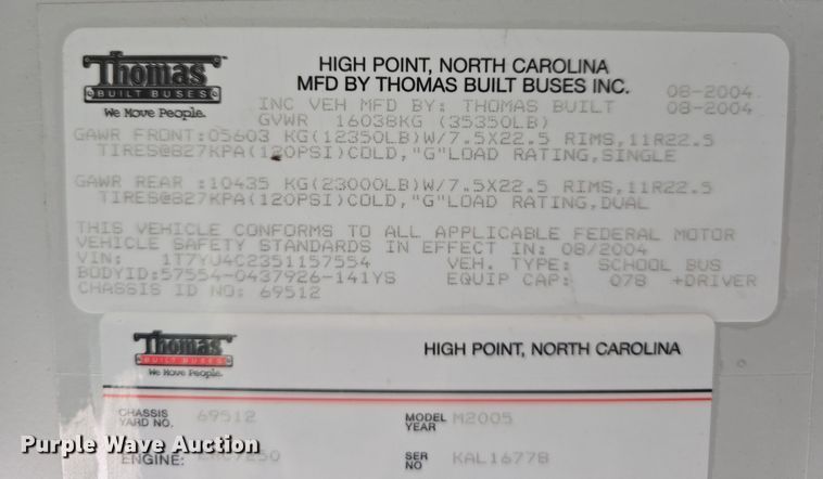 image for item DW3229 2005 Thomas Built Buses Saf-T-Liner school bus