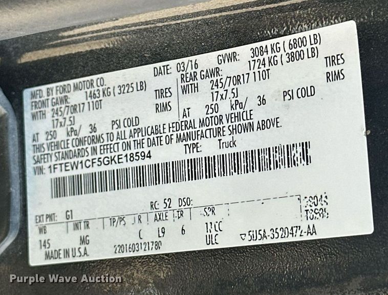 image for item DW5096 2016 Ford F150 SuperCrew pickup truck