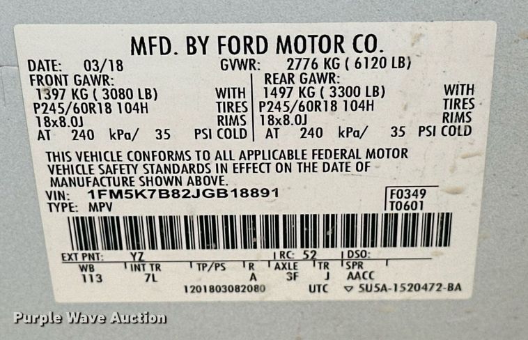 image for item DW5097 2018 Ford Explorer SUV
