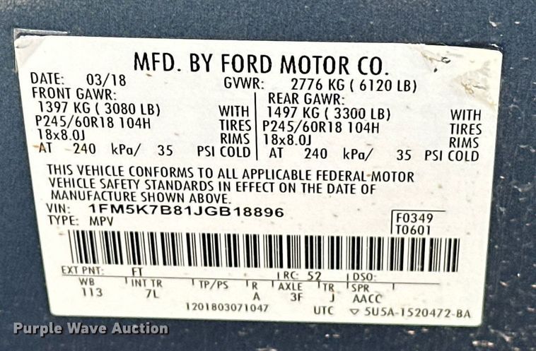image for item DW5099 2018 Ford Explorer SUV