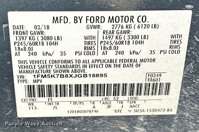 image for item DW5100 2018 Ford Explorer SUV