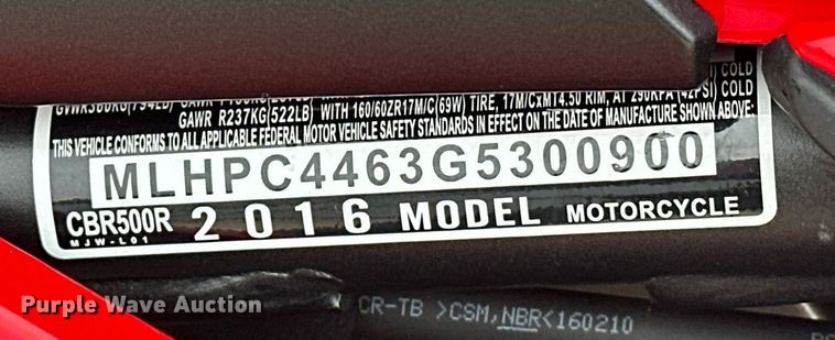 image for item DW5113 2016 Honda CBR 500R motorcycle