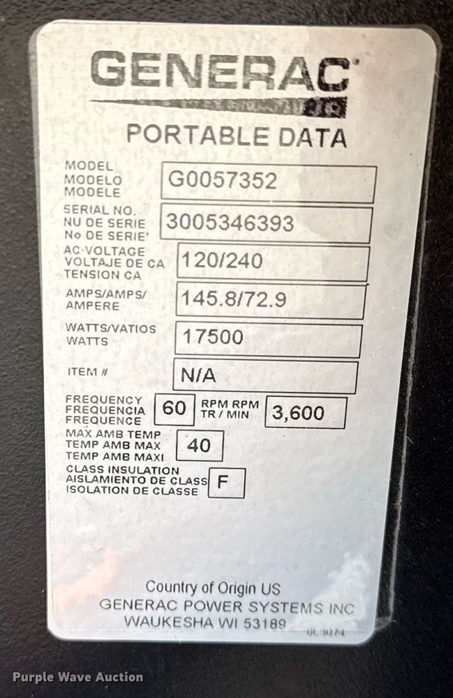 image for item EG2651 Generac GP17500 generator