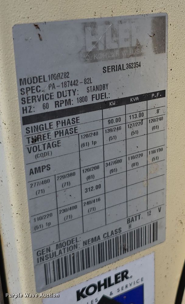 image for item EH8848 Kohler Power Systems 100RZ82 generator