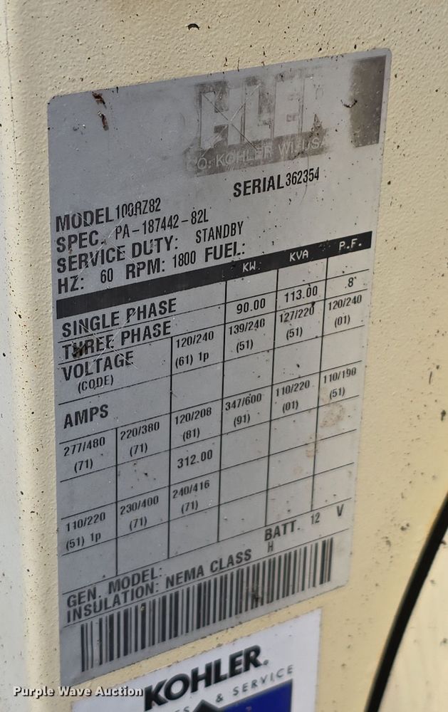 image for item EH8848 Kohler Power Systems 100RZ82 generator