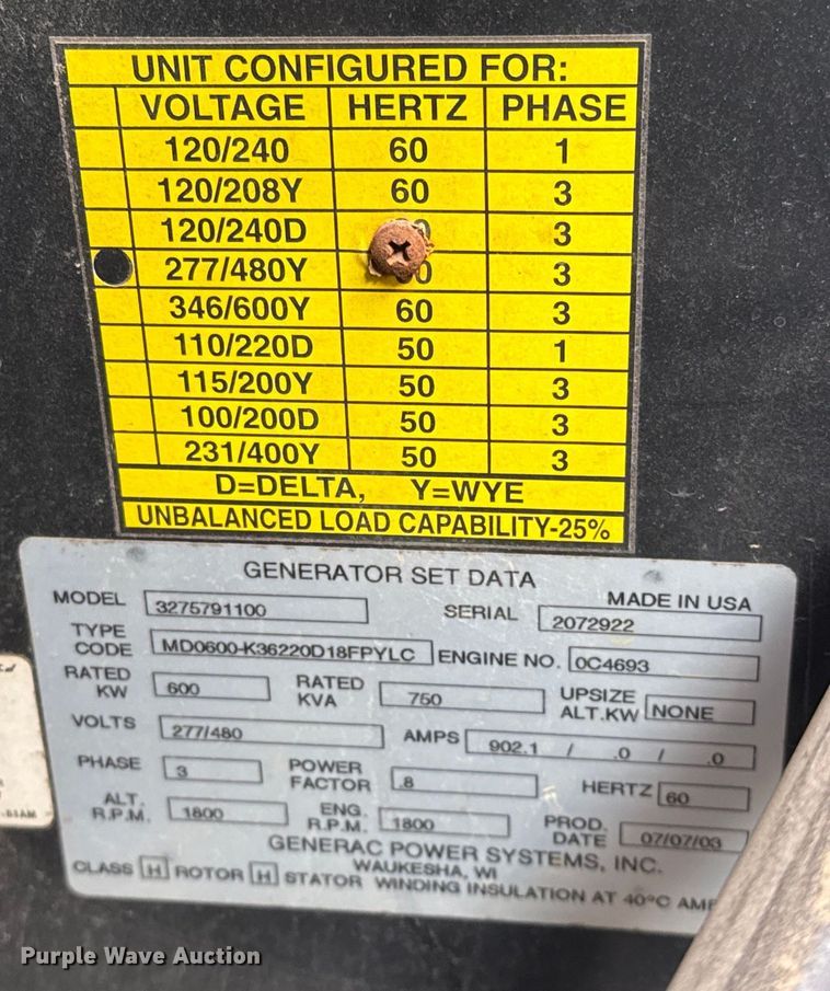 image for item EJ3519 2003 Generac MD0600 generator