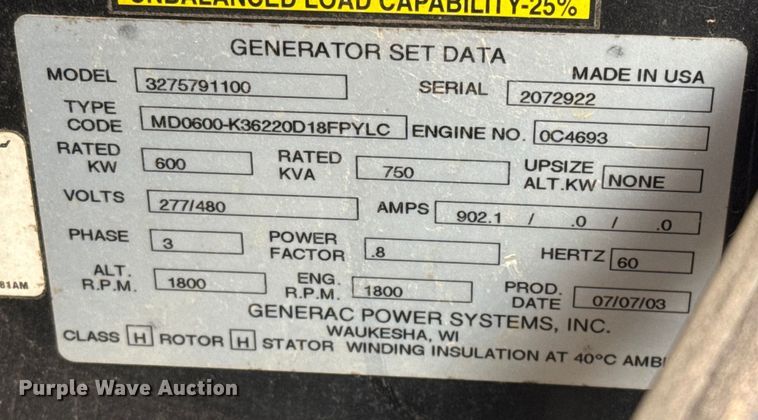 image for item EJ3519 2003 Generac MD0600 generator