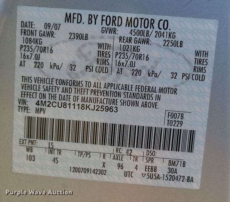 image for item EJ8175 2008 Mercury Mariner SUV