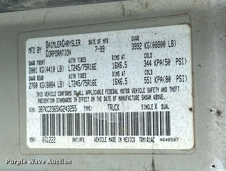 image for item EJ8395 1999 Dodge Ram 2500 pickup truck cab and chassis