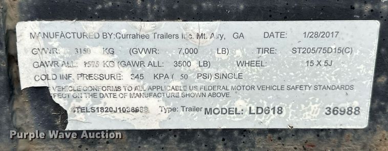 image for item EJ8451 2018 Currahee LD618 utility trailer