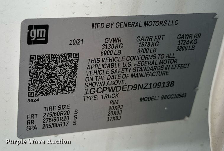 image for item EJ8452 2022 Chevrolet Silverado 1500 Crew Cab pickup truck