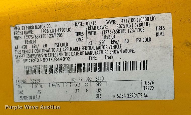 image for item EJ8476 2018 Ford F350 Super Duty XL utility bed pickup truck