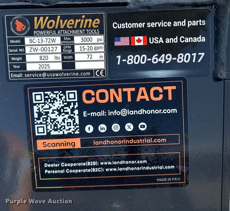 image for item EM3669 2025 Wolverine  BC-13-72W skid steer rotary mower