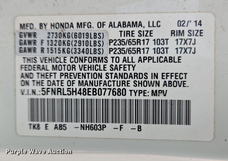 image for item EM6018 2014 Honda Odyssey van