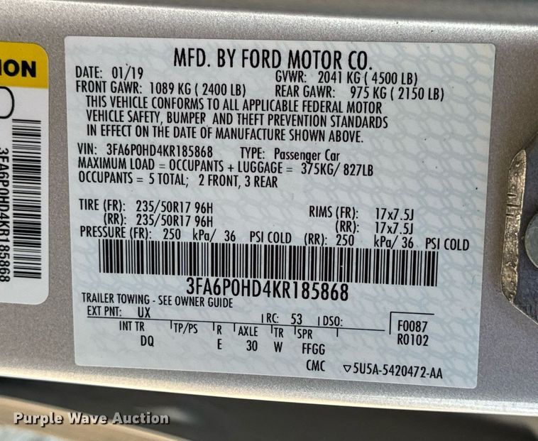 image for item EN5229 2019 Ford Fusion SE 