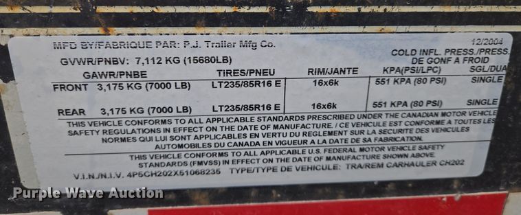 image for item EN8820 2005 PJ equipment trailer