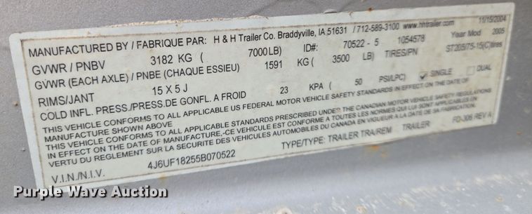 image for item EN8821 2005 H&H  equipment trailer