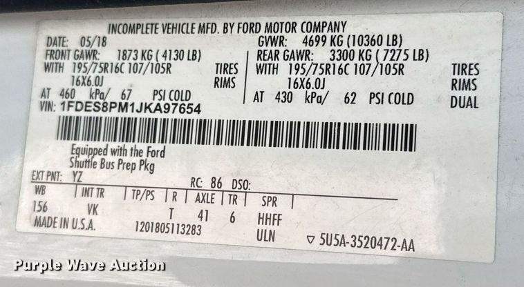 image for item EQ1236 2018 Ford Transit 350HD shuttle bus