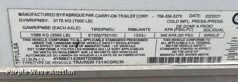 image for item EQ1250 2021 Carry-On 7X14CGRCM enclosed cargo trailer
