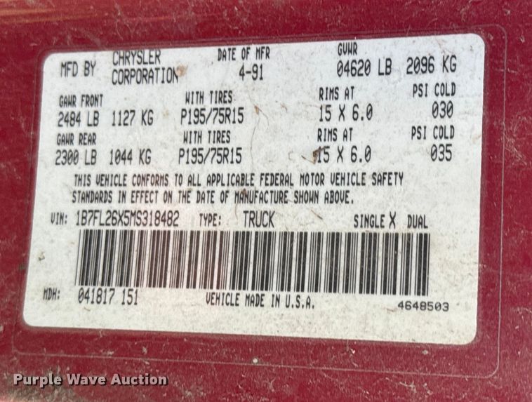 image for item EQ1260 1991 Dodge Dakota pickup truck