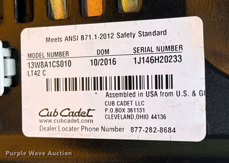 image for item EQ1276 2016 Cub Cadet LT42C lawn mower