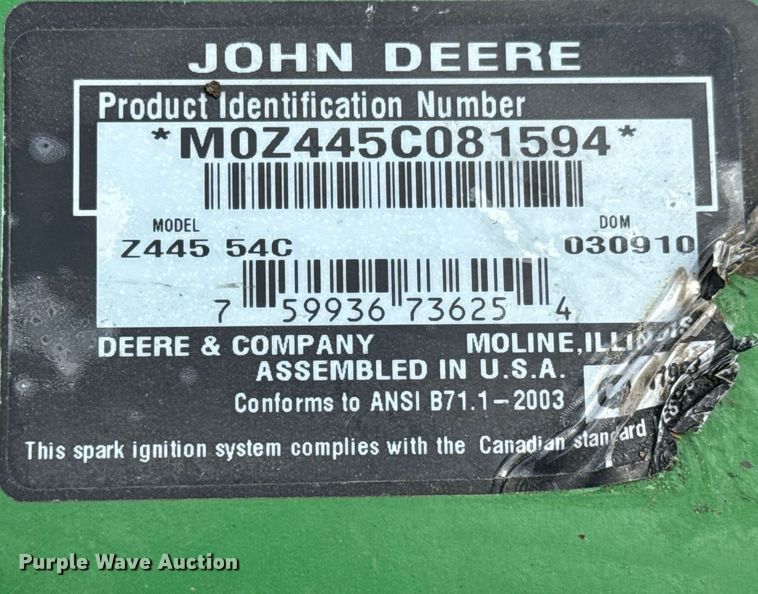 image for item EQ1278 2010 John Deere Z445 54C ZTR lawn mower
