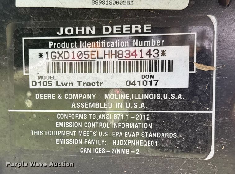image for item EQ1280 2017 John Deere D105 Auto lawn mower