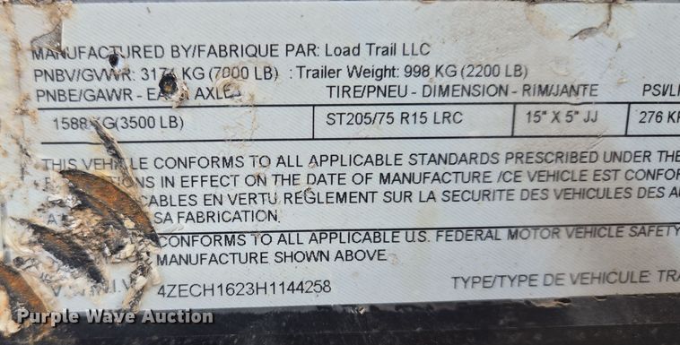 image for item EQ6888 2017 Load Trail  equipment trailer
