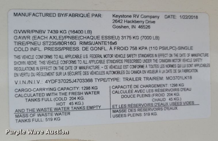 image for item NB9887 2018 Keystone Montana camper