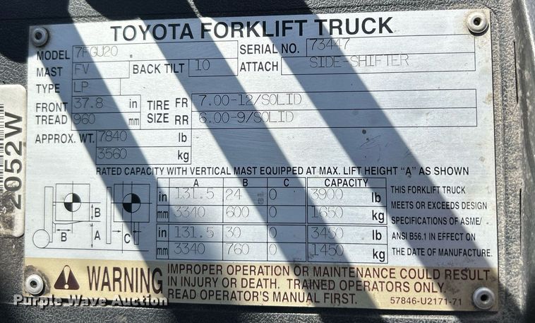 image for item ND9412 2004 Toyota 7FGU20 forklift