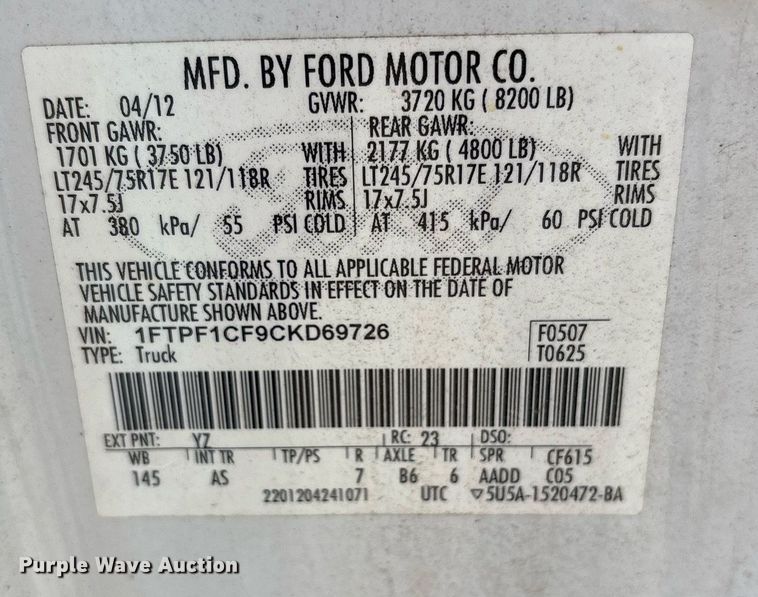 image for item OB9487 2012 Ford F150 pickup truck